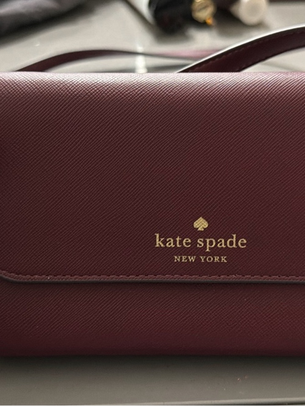 kate spade Burgundy Saffiano Leather Crossbody with Gold Logo
